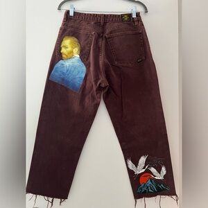 Blue Family Italy Graphic Straight Leg Jeans 46 US 30-31 Burgundy Raw Hem